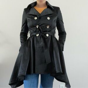 Blanc Noir Double-Breasted Flared Black Belted Trench Coat